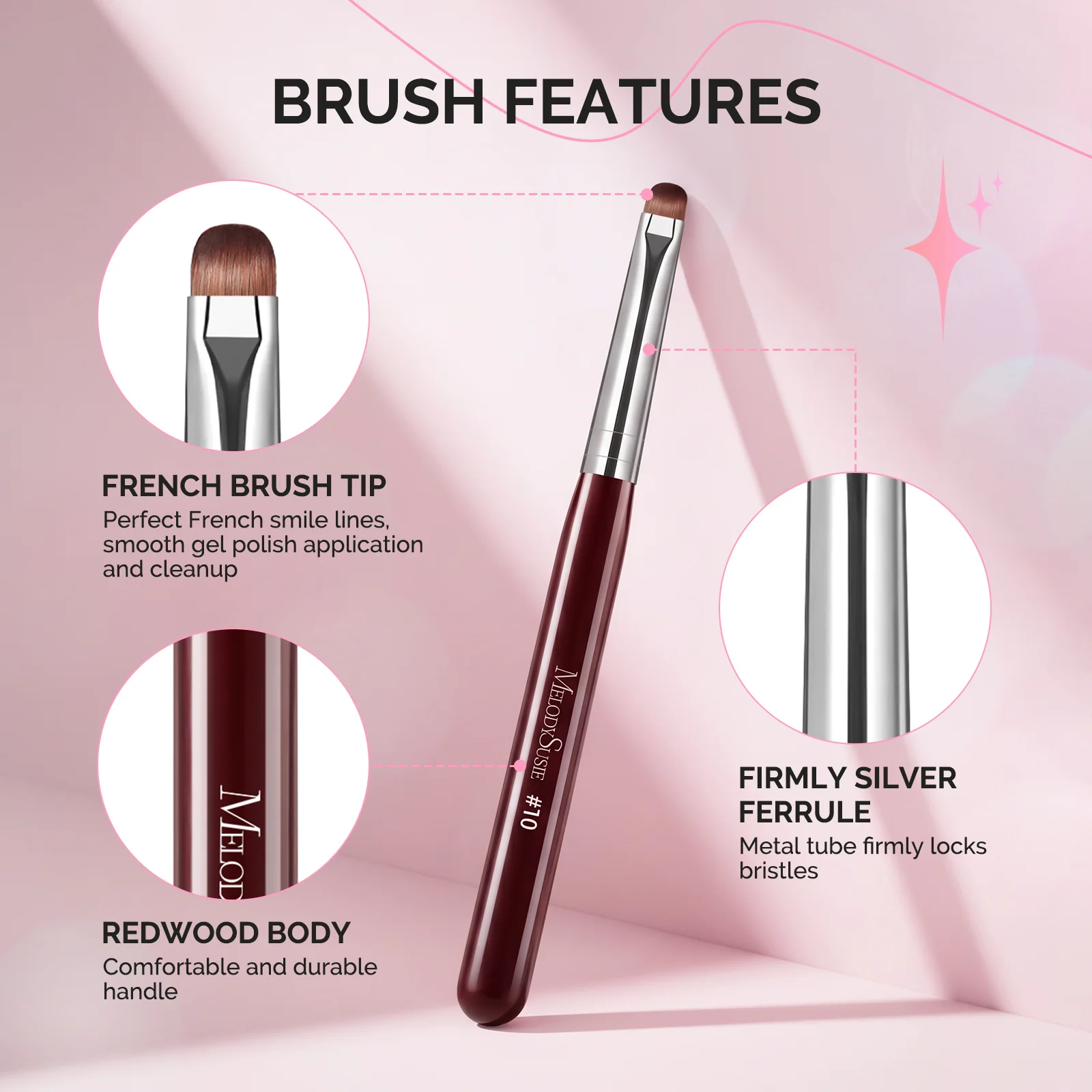 French Manicure Nail Brush Set with Rosewood Handles, 4 Sizes and Holder