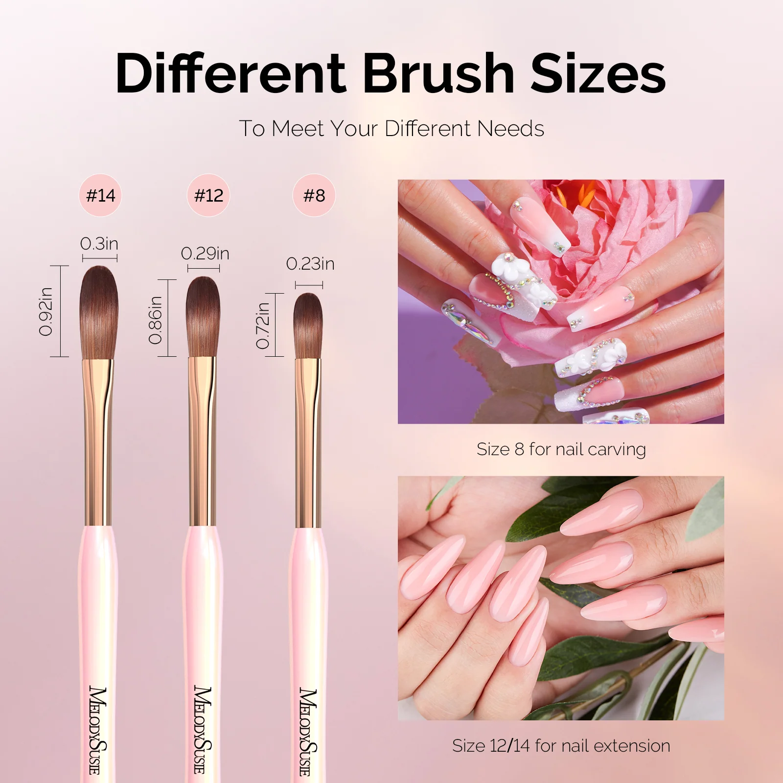 New Acrylic Nail Brush Set 3Pcs - Pink