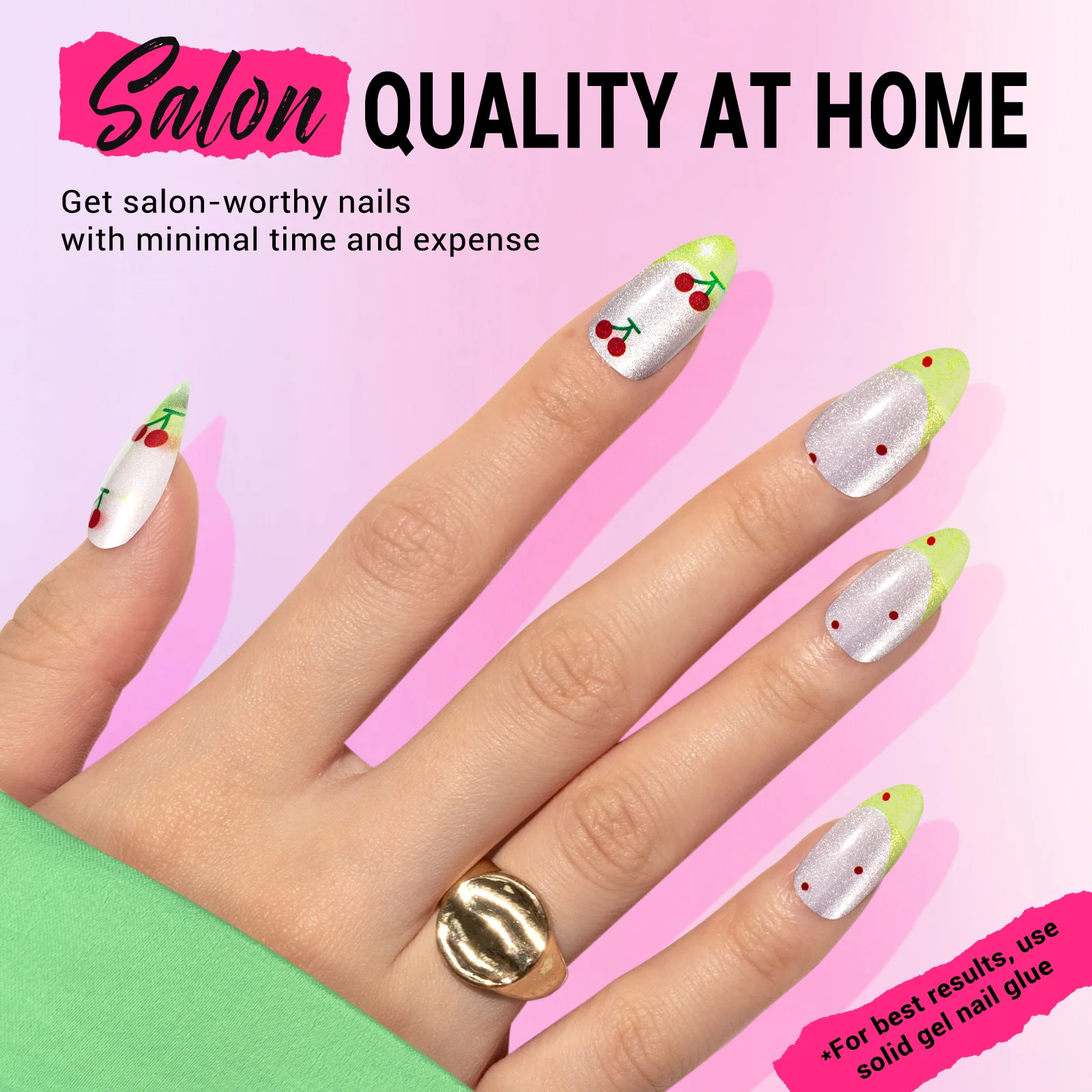 Cherry Press On Nails Kit with 30 Nails, Glue and Cleaning Tools