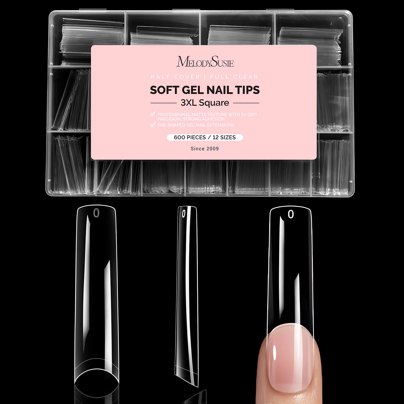 600Pcs Half Matte Clear Acrylic Full Cover Nail Tips with 12-15 Sizes