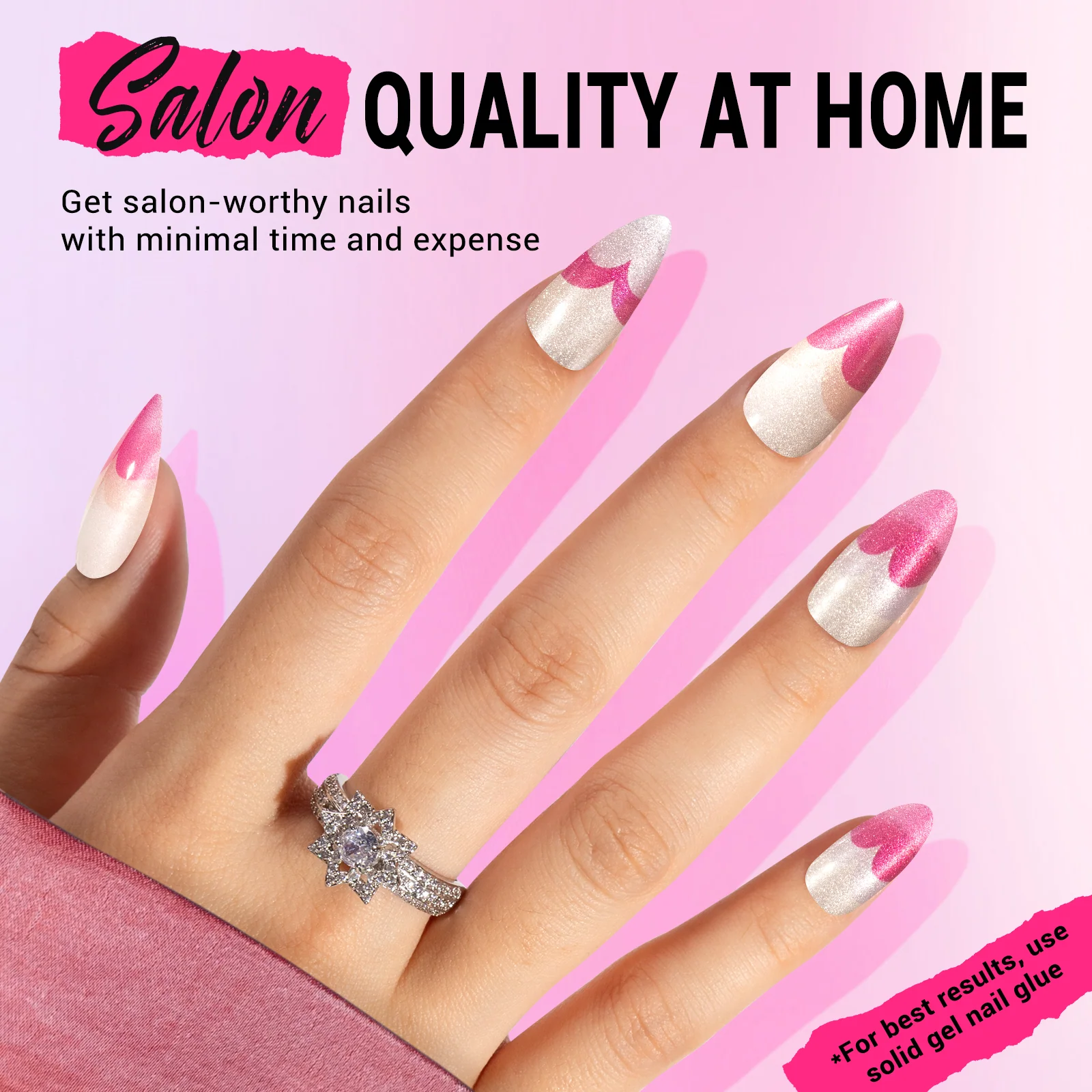 Pink Heart Press On Nails Kit with 30 Reusable Nails in 15 Sizes