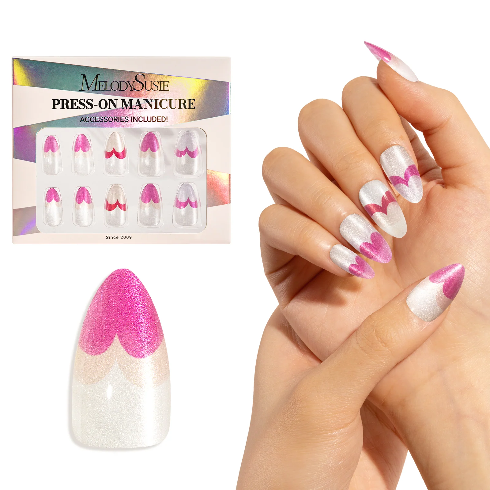 Pink Heart Press On Nails Kit with 30 Reusable Nails in 15 Sizes