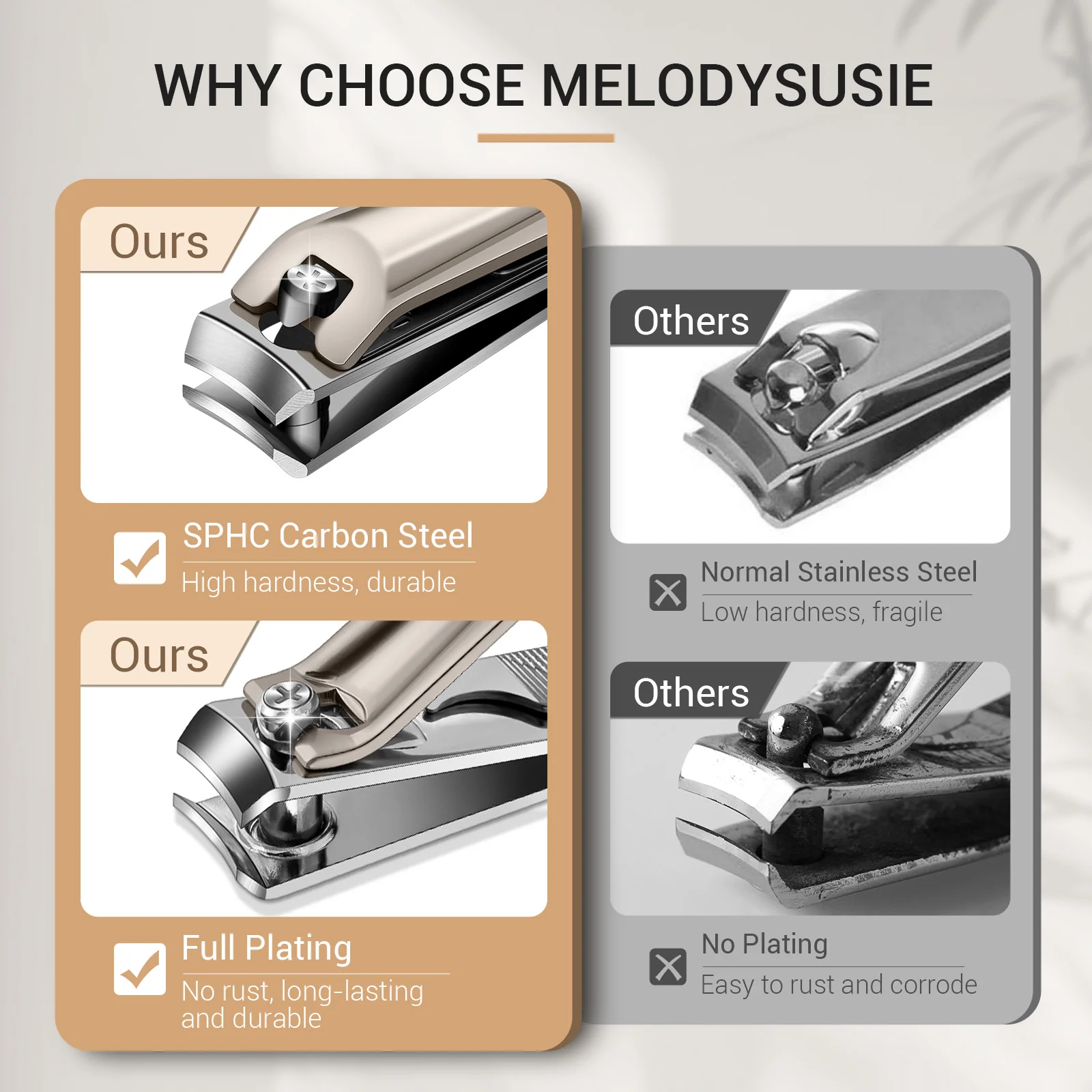 Melodysusie Stainless Steel Nail Clippers 3 in 1 Kit in Champagne