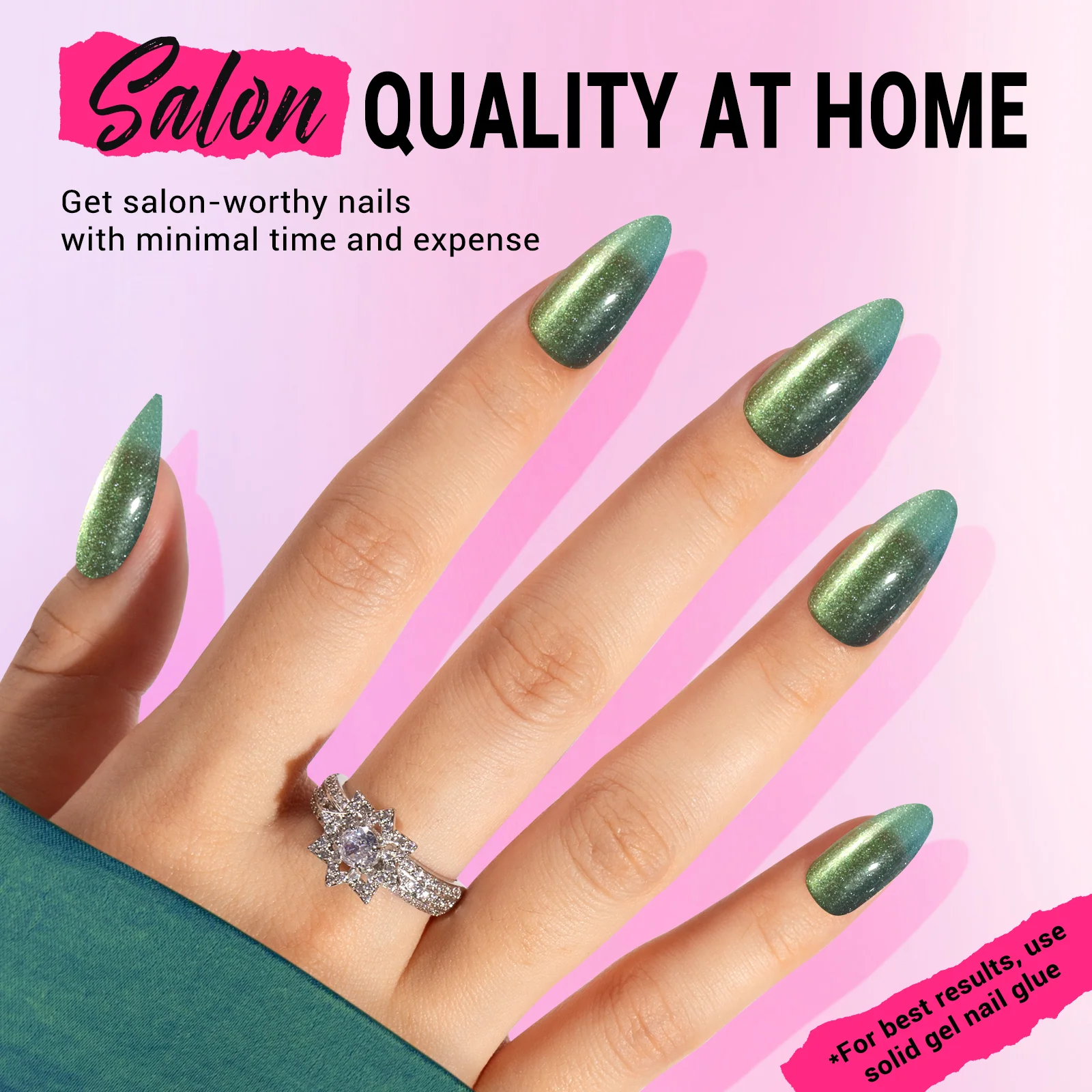 Deep Green Cat Eye Press On Nails Kit with Salon Shine