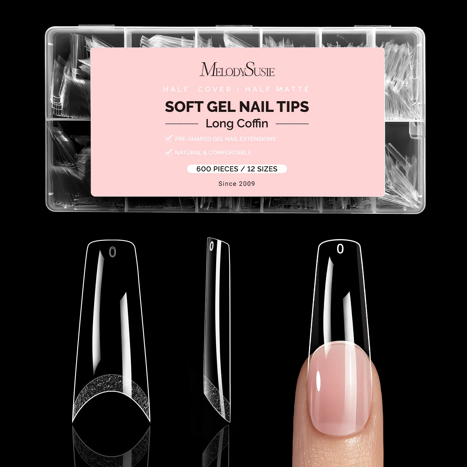 600Pcs Half Matte Clear Acrylic Full Cover Nail Tips with 12-15 Sizes