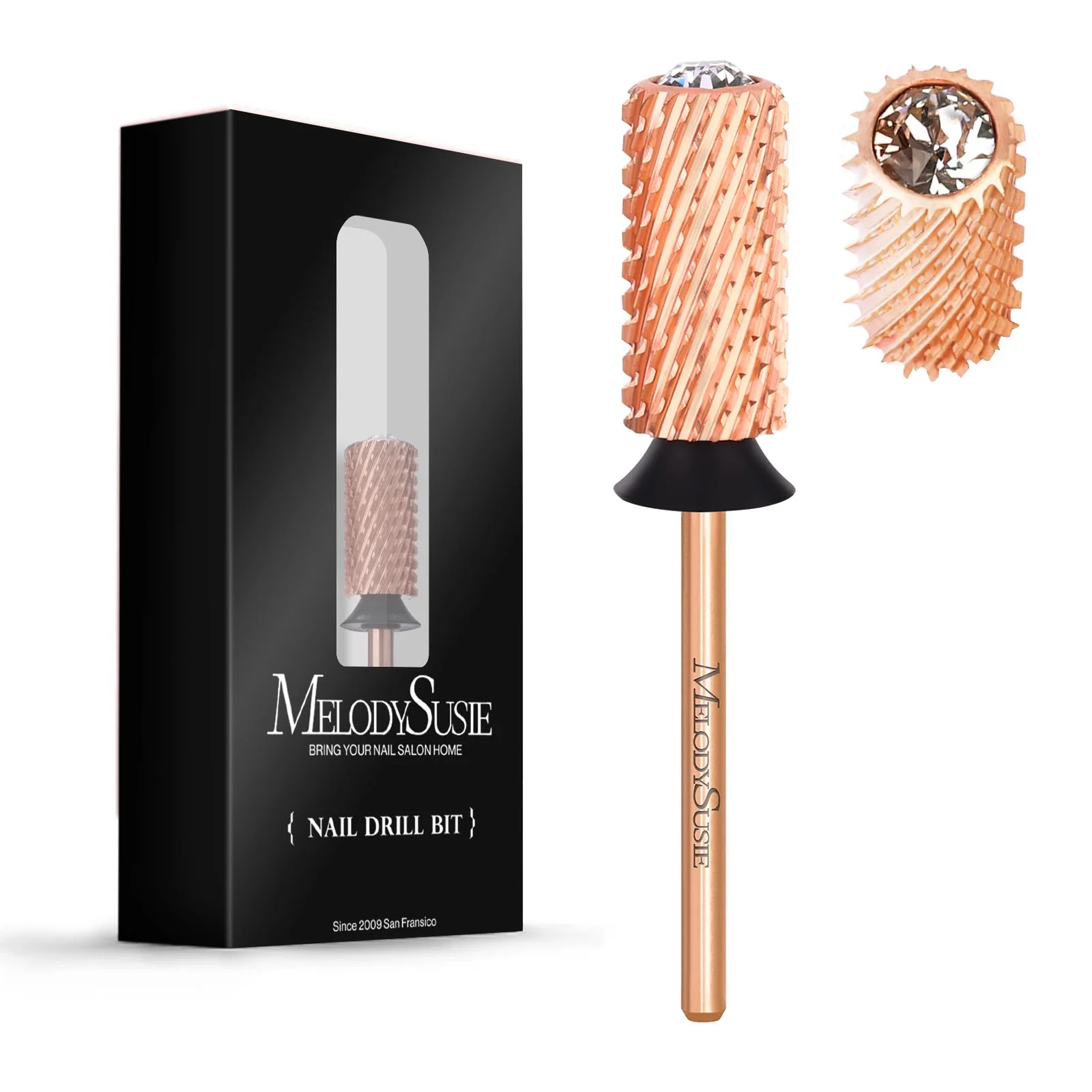 Crystal Top Large Barrel Carbide Nail Drill Bit in Rose Gold