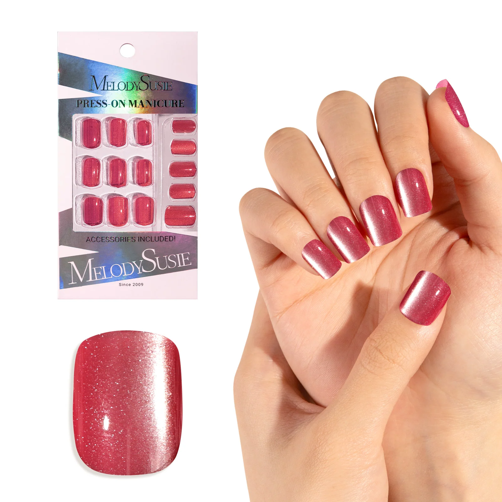 Hot Pink Cat Eye Press On Nails Kit with Clear Tips and 30 Nails