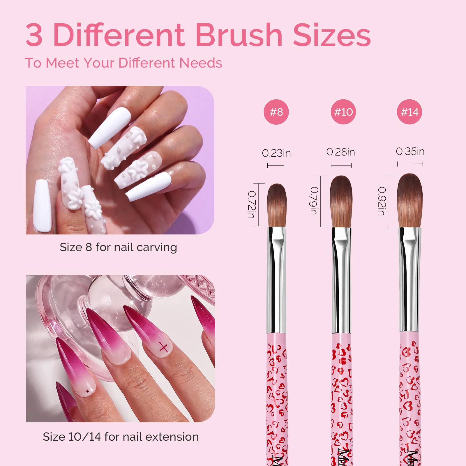 3Pcs Acrylic Nail Brush Set in Pink for Gel and Acrylic Work
