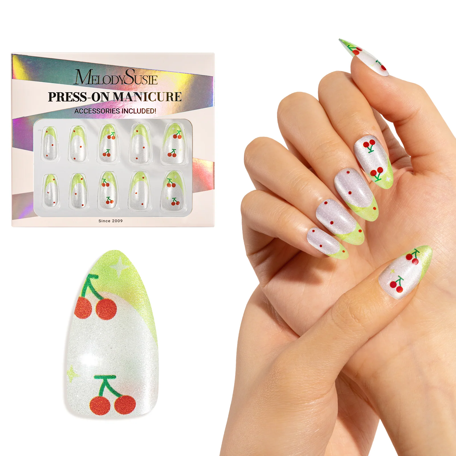 Cherry Press On Nails Kit with 30 Nails, Glue and Cleaning Tools