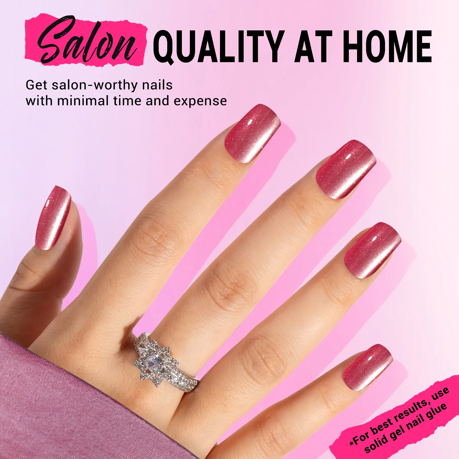 Hot Pink Cat Eye Press On Nails Kit with Clear Tips and 30 Nails