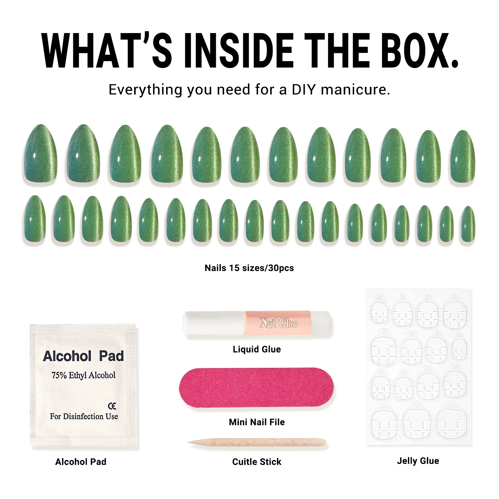 Deep Green Cat Eye Press On Nails Kit with Salon Shine