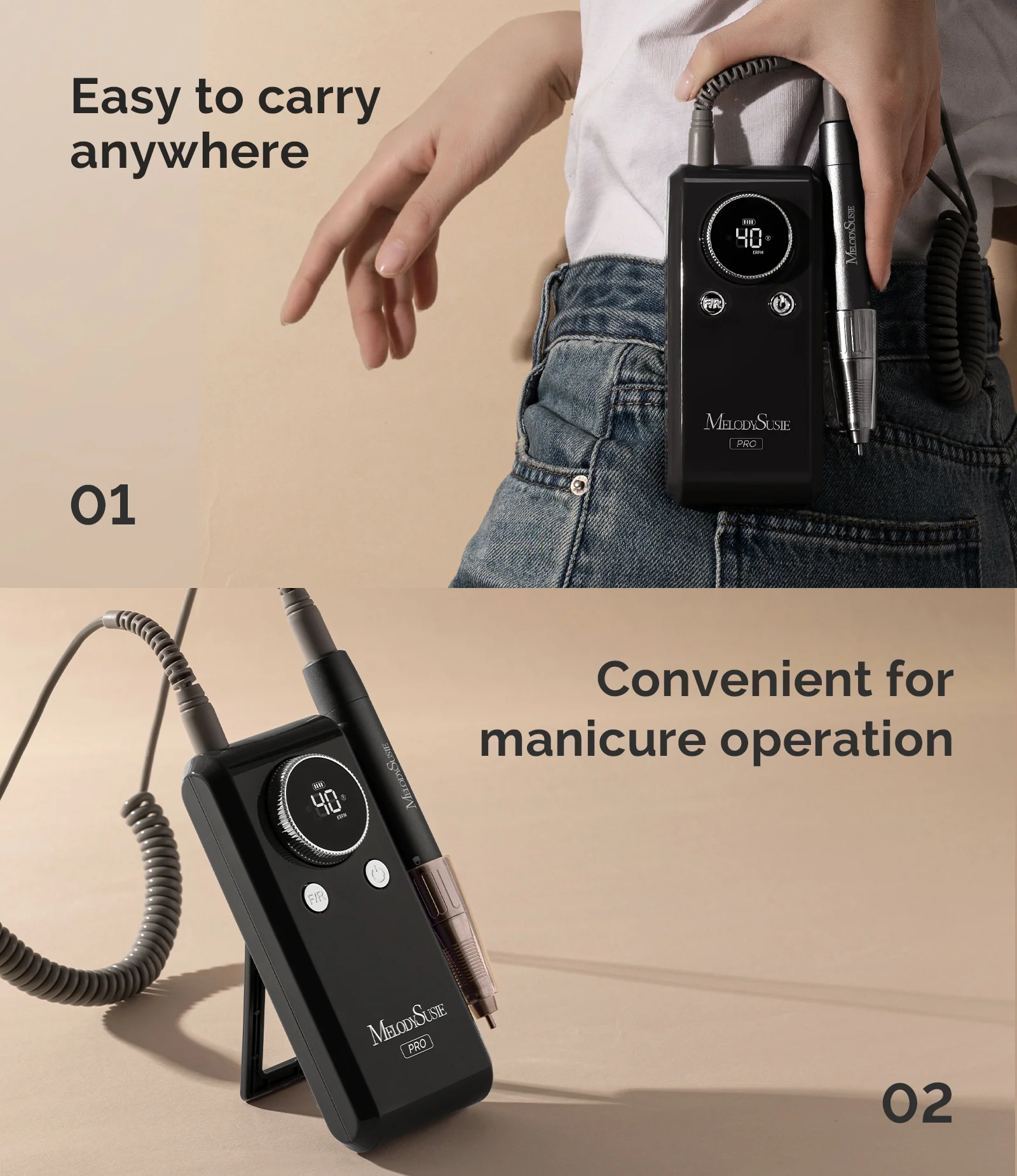 MB420G Clip-On Professional Rechargeable 2-in-1 Nail Drill with Built-In Stand 40,000RPM - Black
