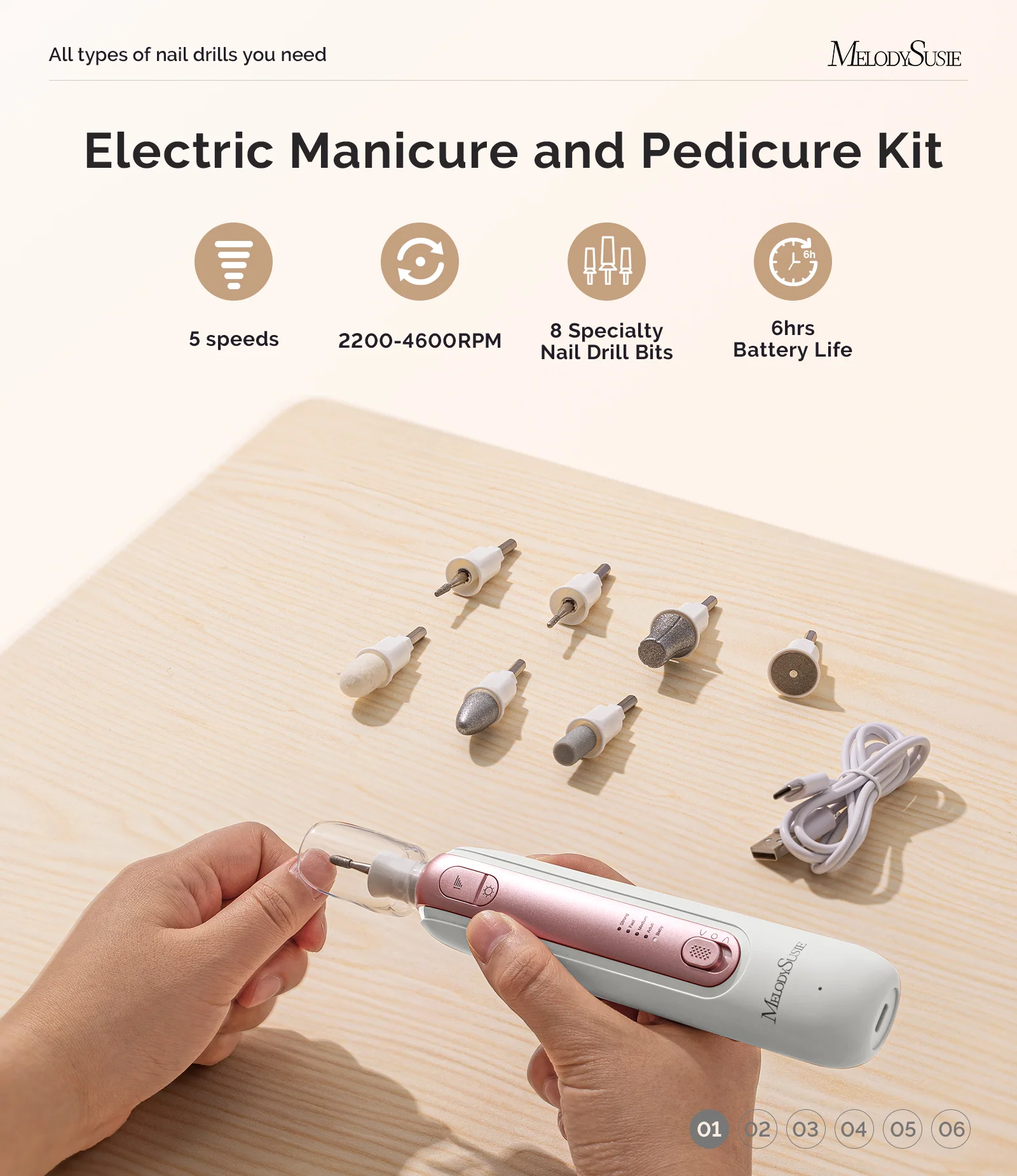 PC760G Manicure & Pedicure Nail Drill Kit 4,600RPM - Rose Gold
