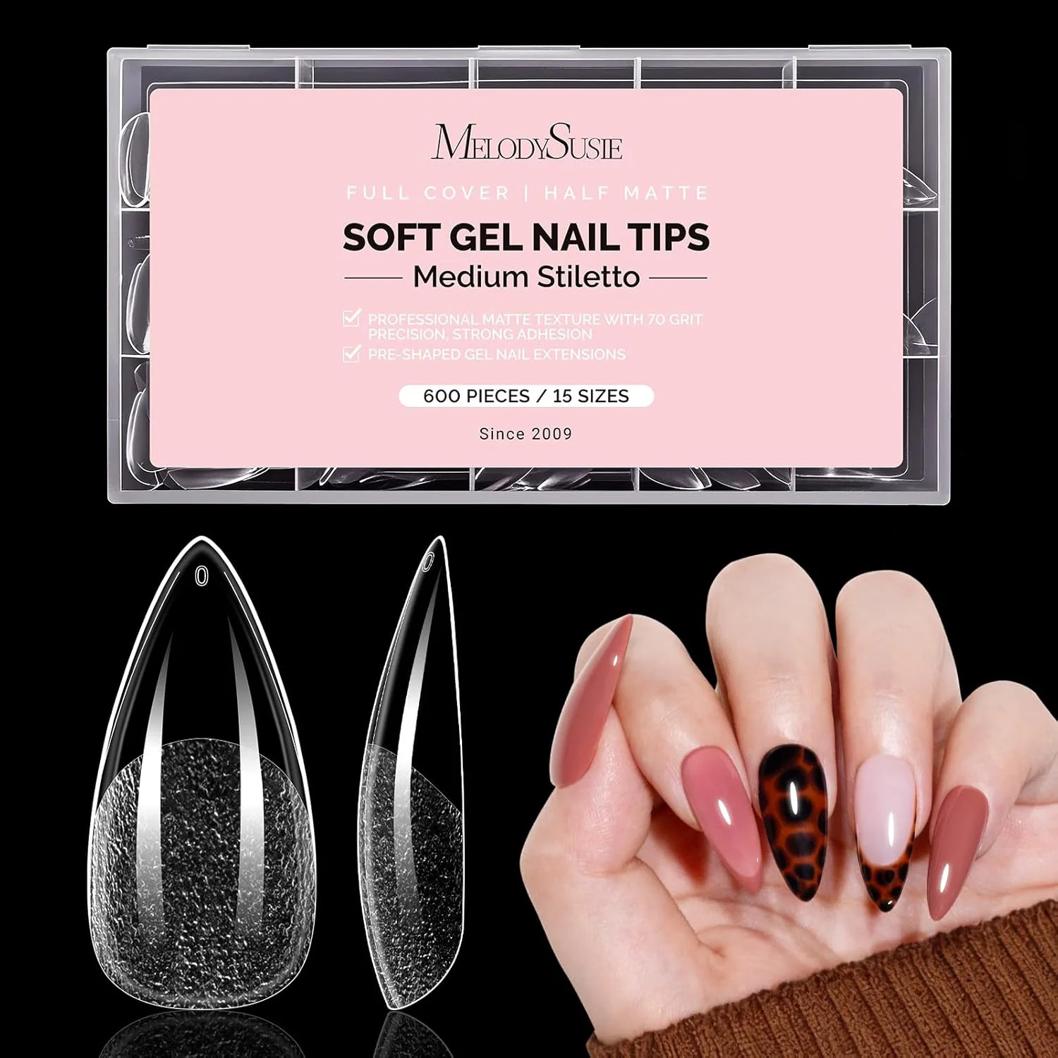 600Pcs Half Matte Clear Acrylic Full Cover Nail Tips with 12-15 Sizes