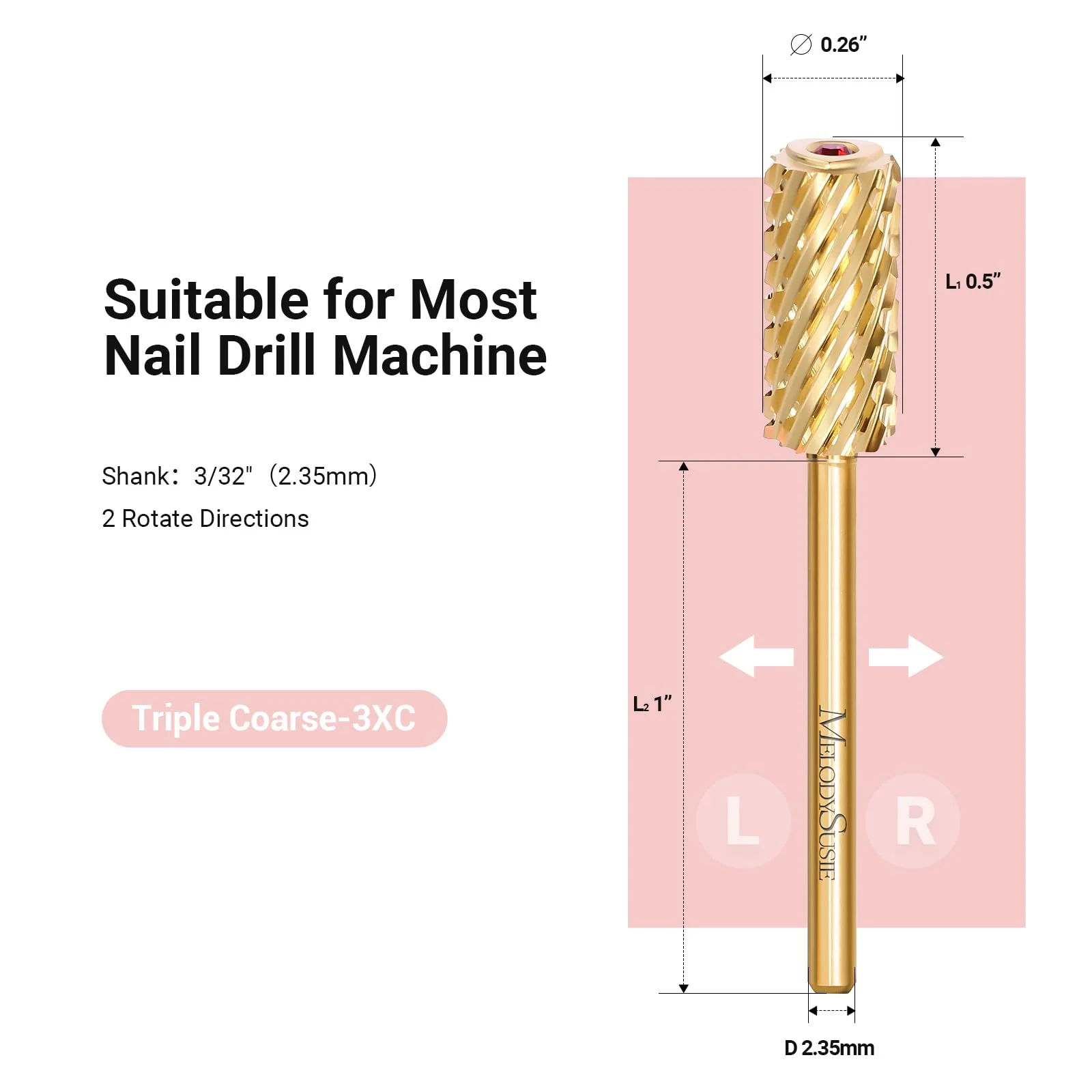 Crystal Top Red Heart Shape Large Barrel Carbide Nail Drill Bit in Gold