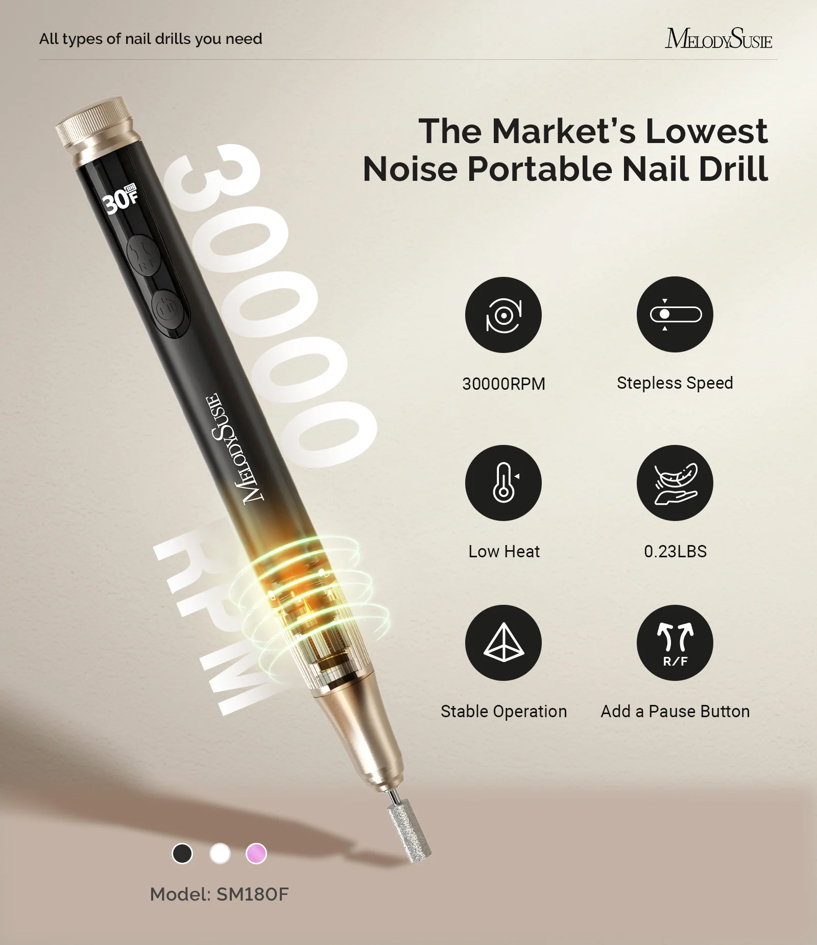 SM180F Pen-Shaped Rechargeable Nail Drill 30,000RPM RPM in Black