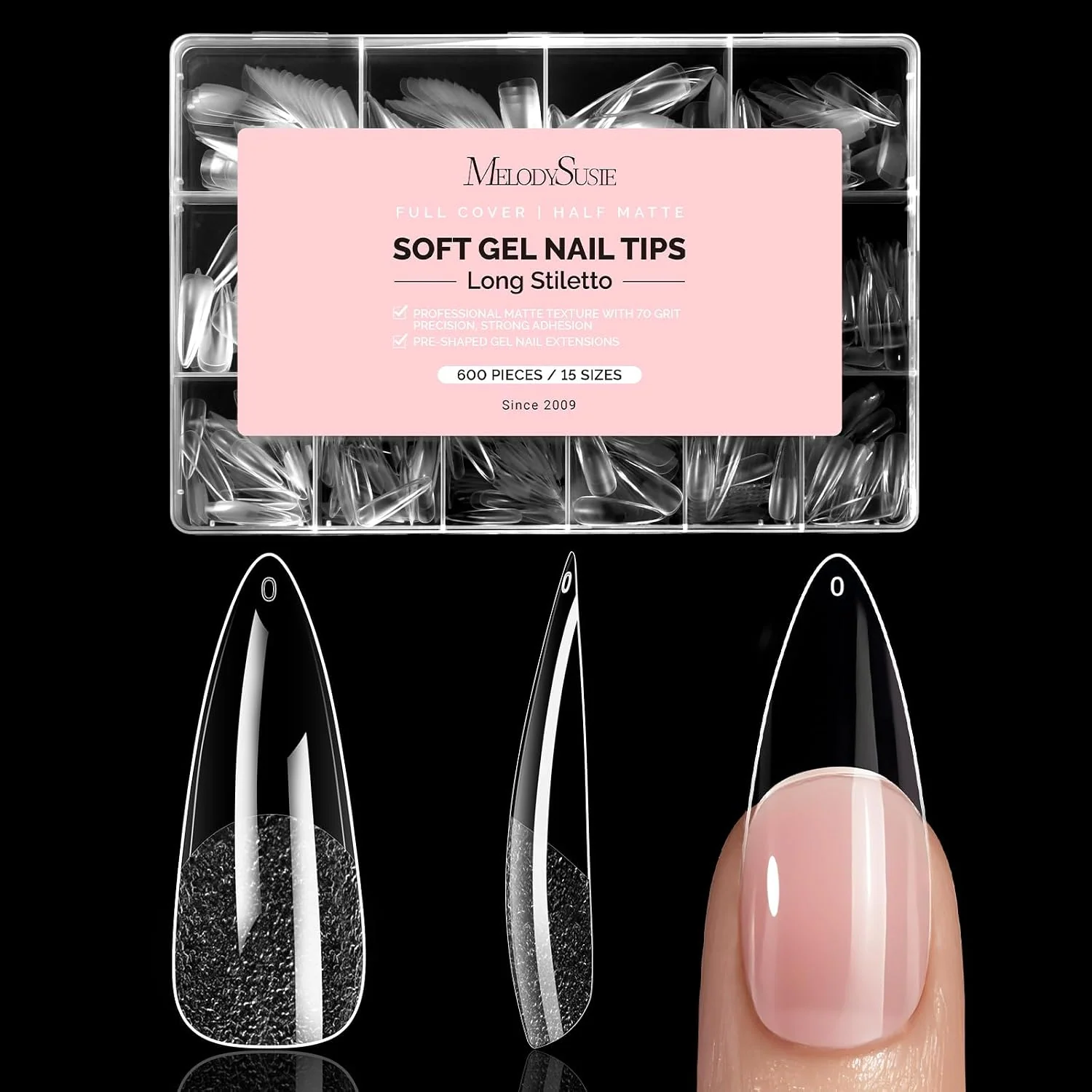 600Pcs Half Matte Clear Acrylic Full Cover Nail Tips with 12-15 Sizes