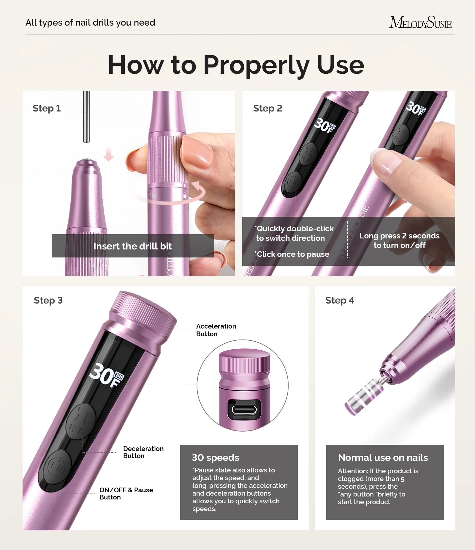 SM180F Pen-Shaped Rechargeable Nail Drill 30,000RPM RPM, Rose Gold Edition