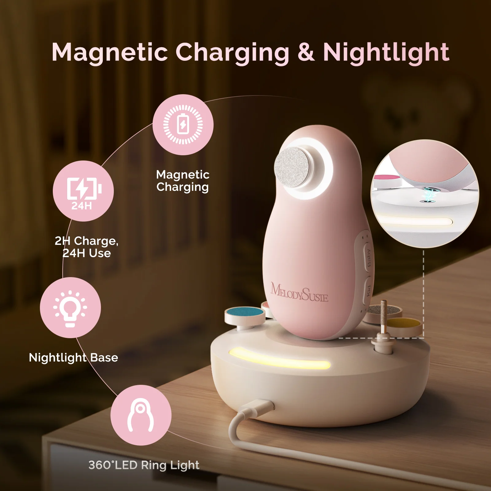 PC20F Rechargeable Baby Nail Trimmer in Pink with LED Light