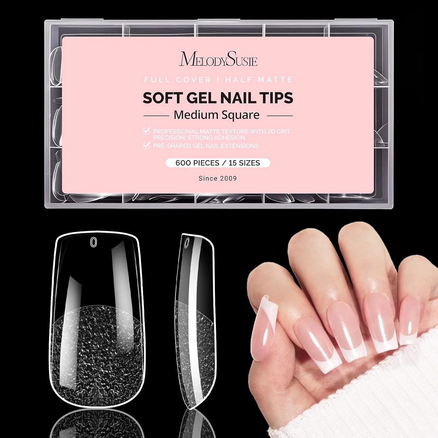 600Pcs Half Matte Clear Acrylic Full Cover Nail Tips with 12-15 Sizes