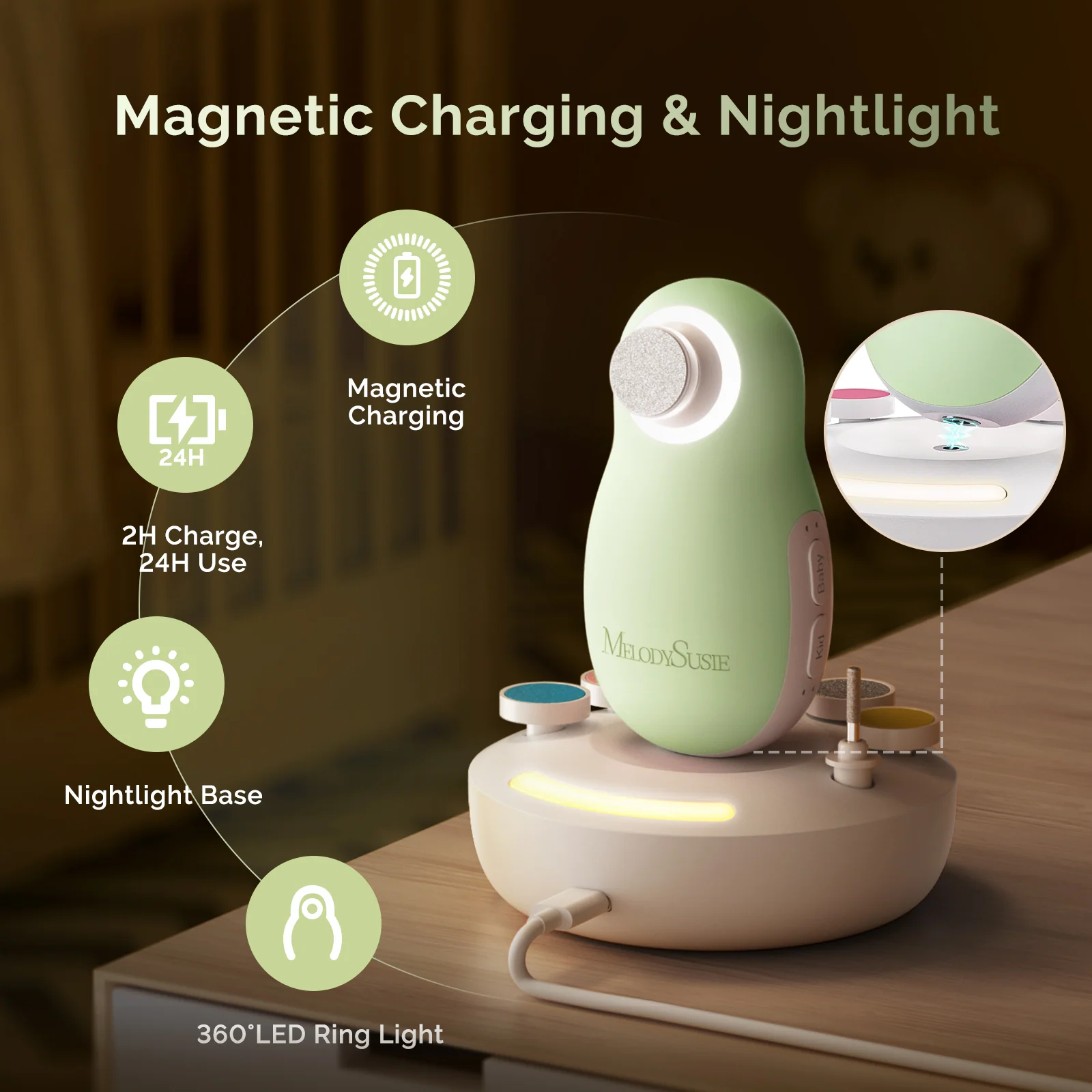 PC20F Rechargeable Baby Nail Trimmer in Green with LED Night Lamp
