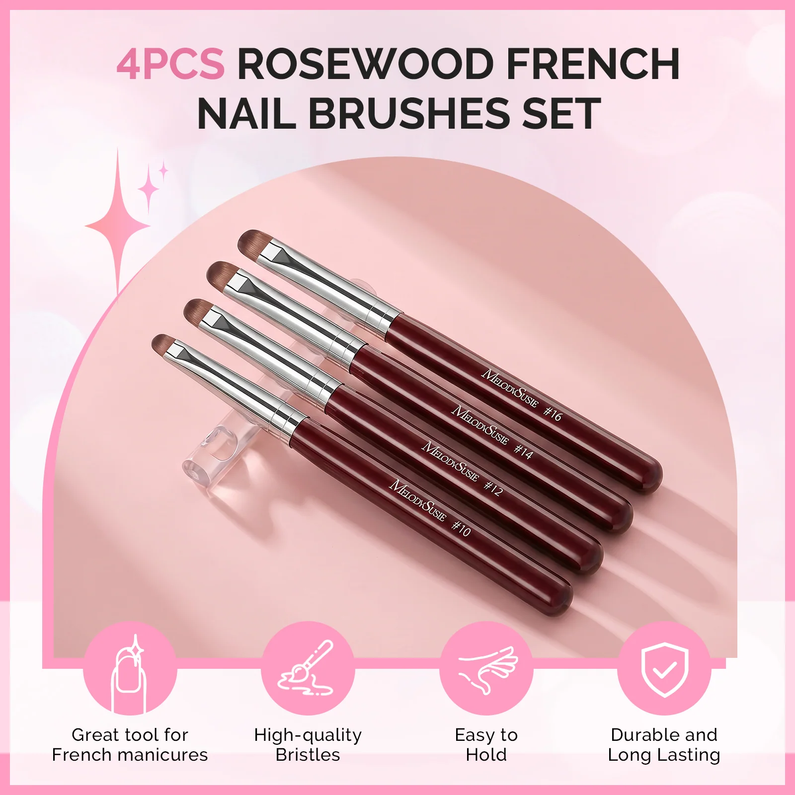 French Manicure Nail Brush Set with Rosewood Handles, 4 Sizes and Holder
