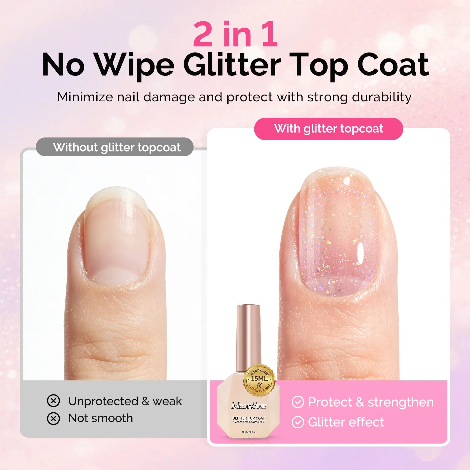 Glitter Gel Top Coat - No Wipe Reflective Iridescent Glitter Top Coat 15ml 0.5fl oz
