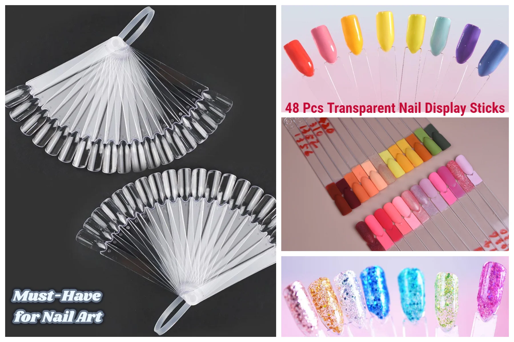 48 Pcs Transparent Acrylic Nail Display Sticks for Polish Swatches
