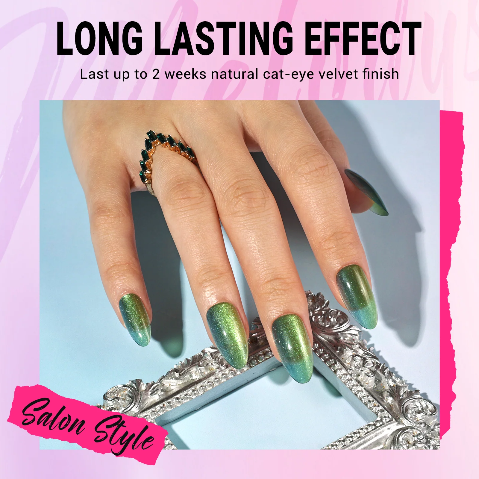 Deep Green Cat Eye Press On Nails Kit with Salon Shine
