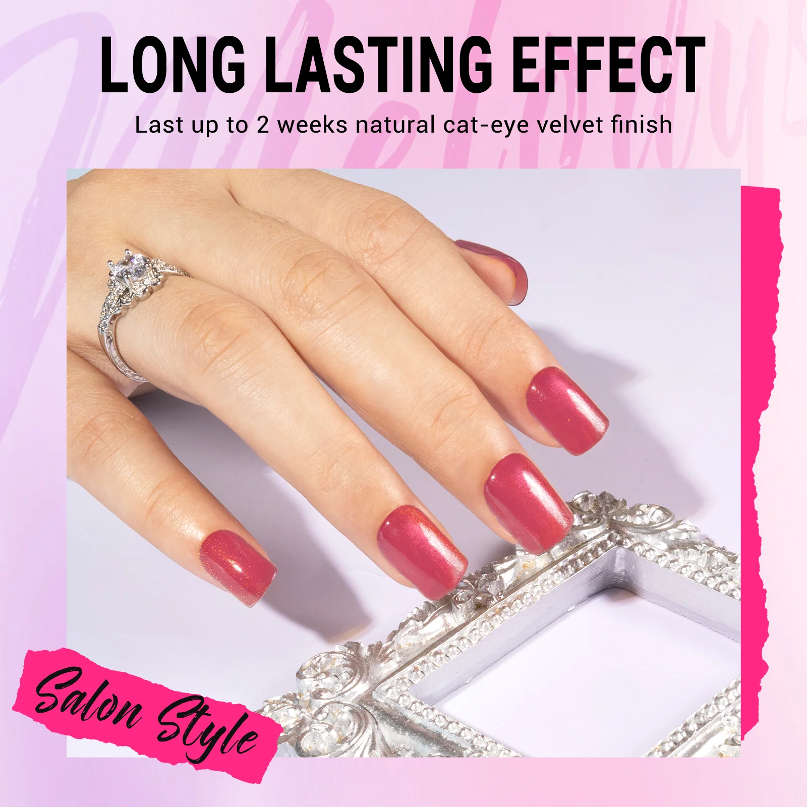 Hot Pink Cat Eye Press On Nails Kit with Clear Tips and 30 Nails