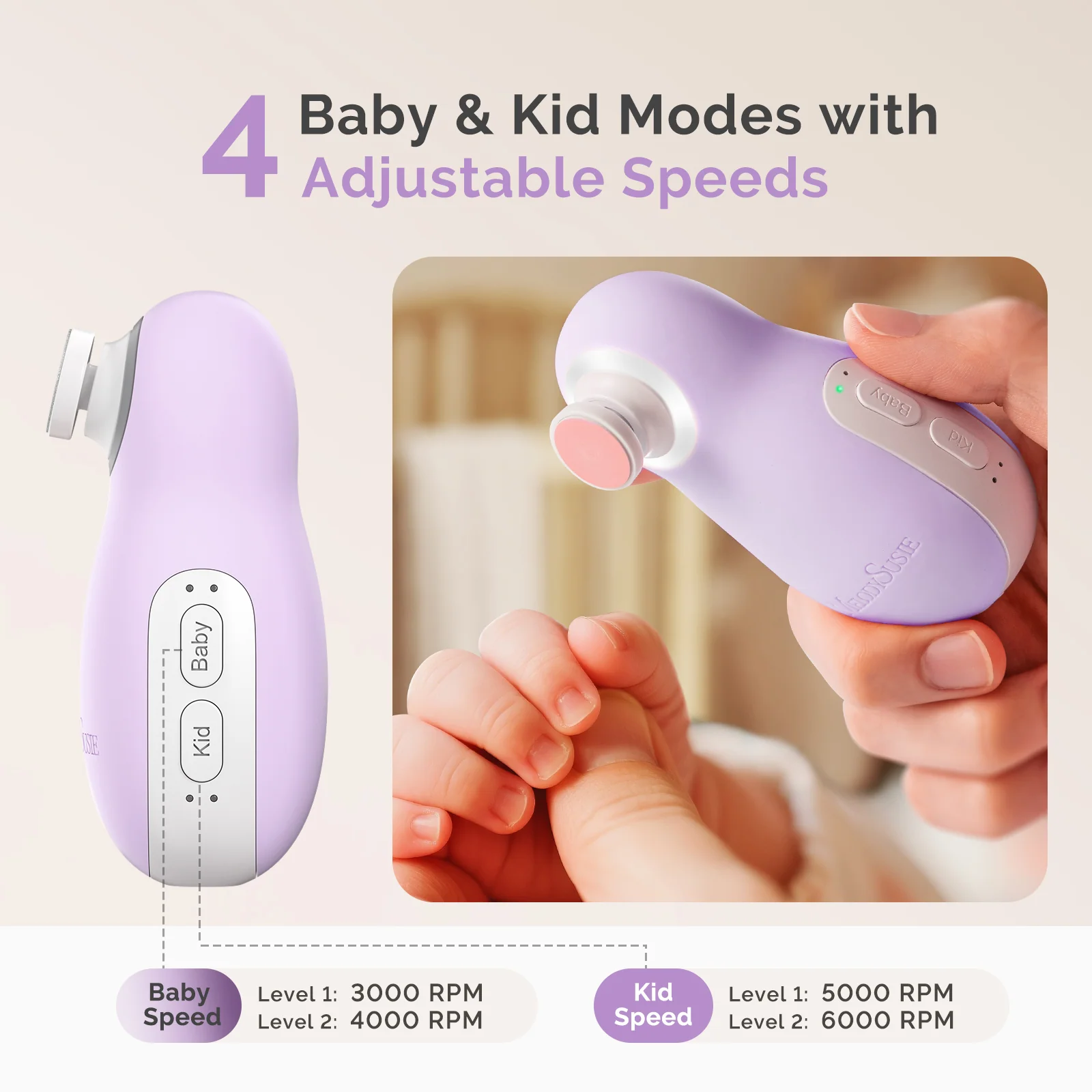 PC20F Rechargeable Baby Nail Trimmer in Purple with 6 Grinding Heads