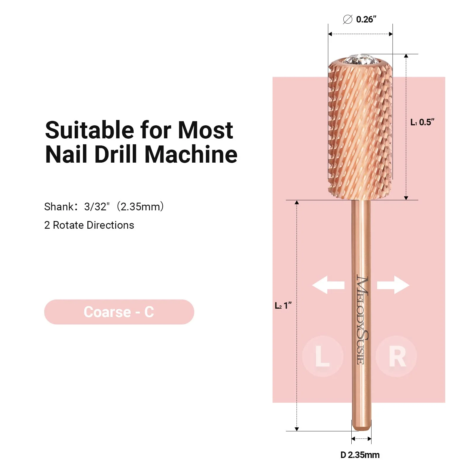 Crystal Top Large Barrel Carbide Nail Drill Bit in Rose Gold