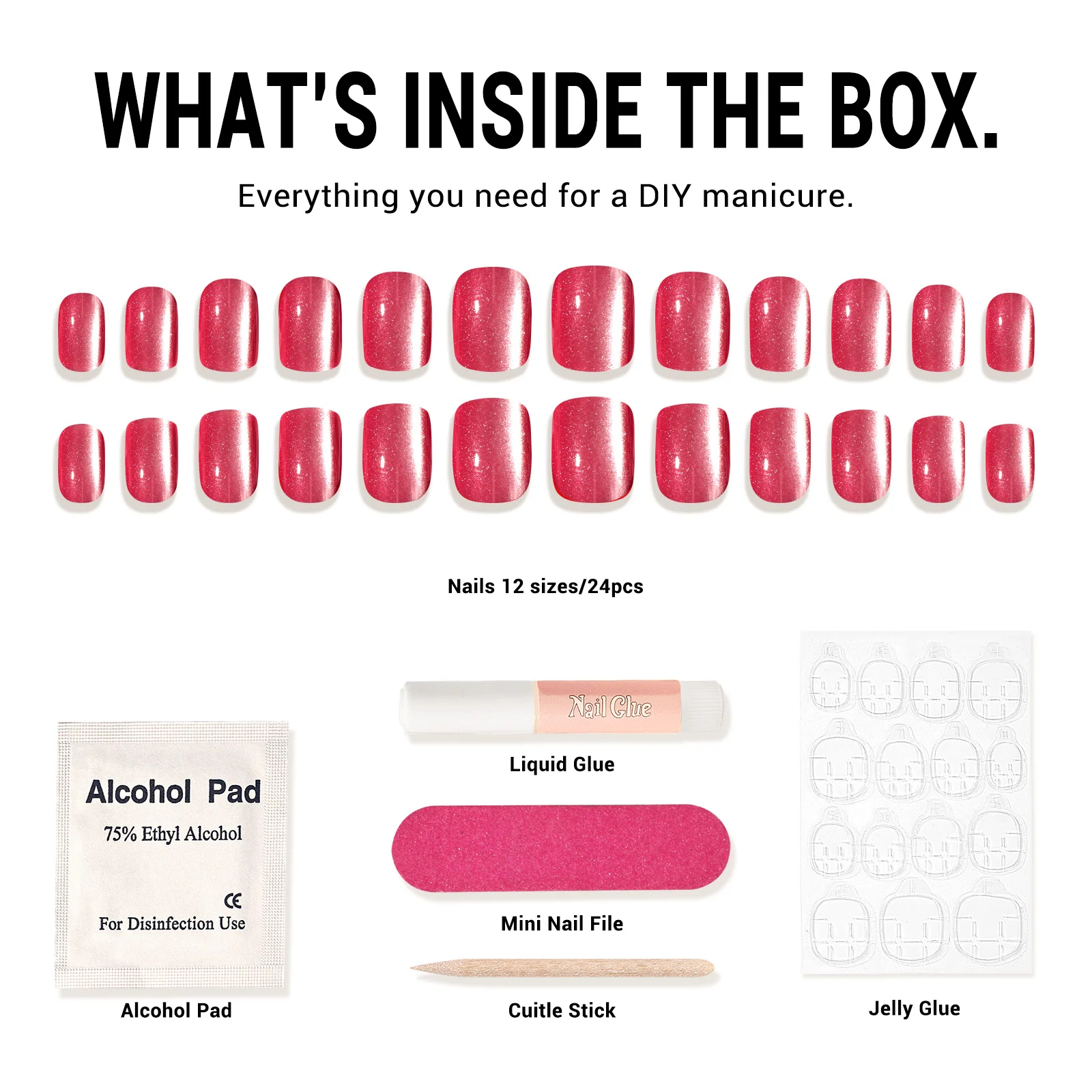 Hot Pink Cat Eye Press On Nails Kit with Clear Tips and 30 Nails