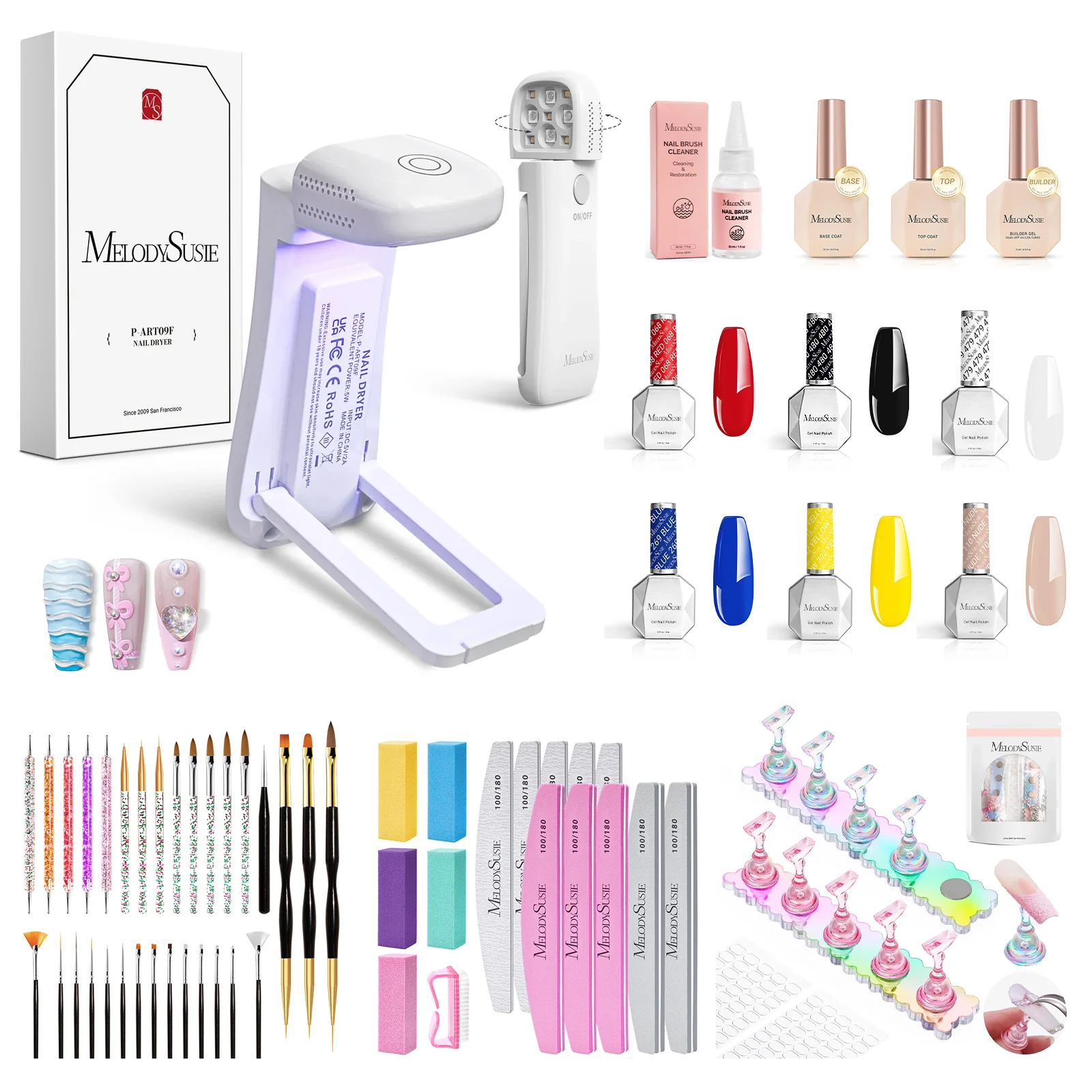 Student Nail Art Painting Practice Kit with 31 Brushes and Six Gel Colors
