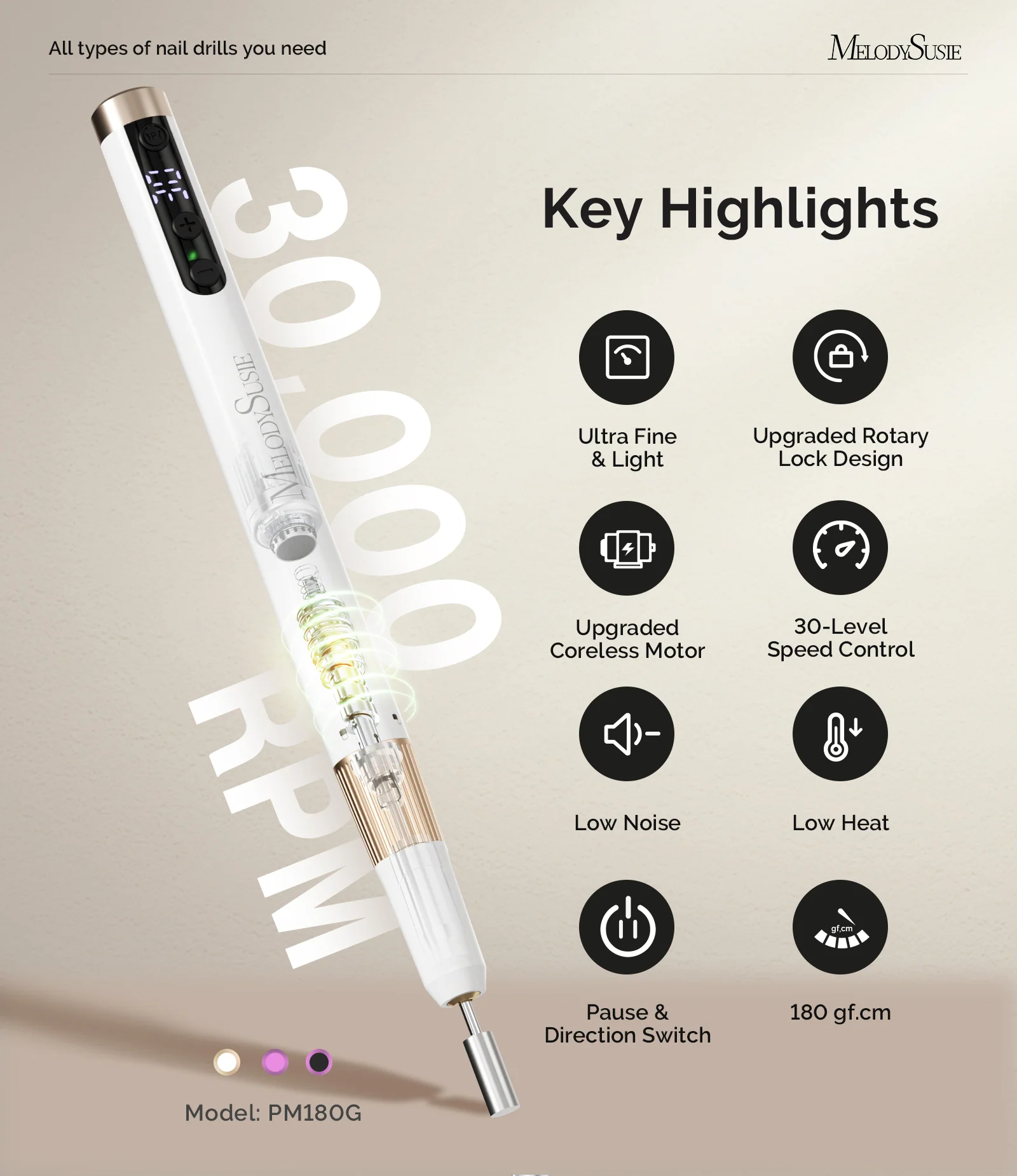 PM180G Pen-Shaped Ultra-Slim Rechargeable Nail Drill 30,000RPM in White