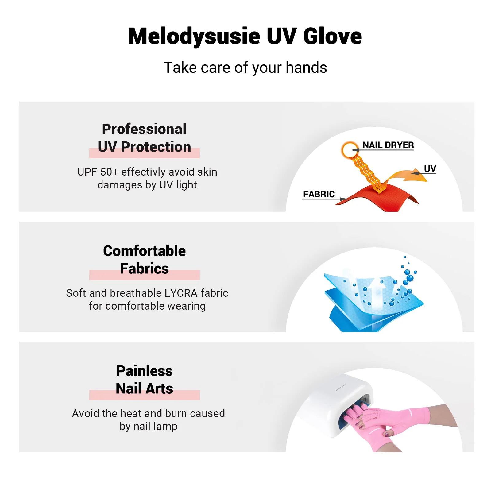 MelodySusie UV Shield 美甲手套 UPF 50+ 防护