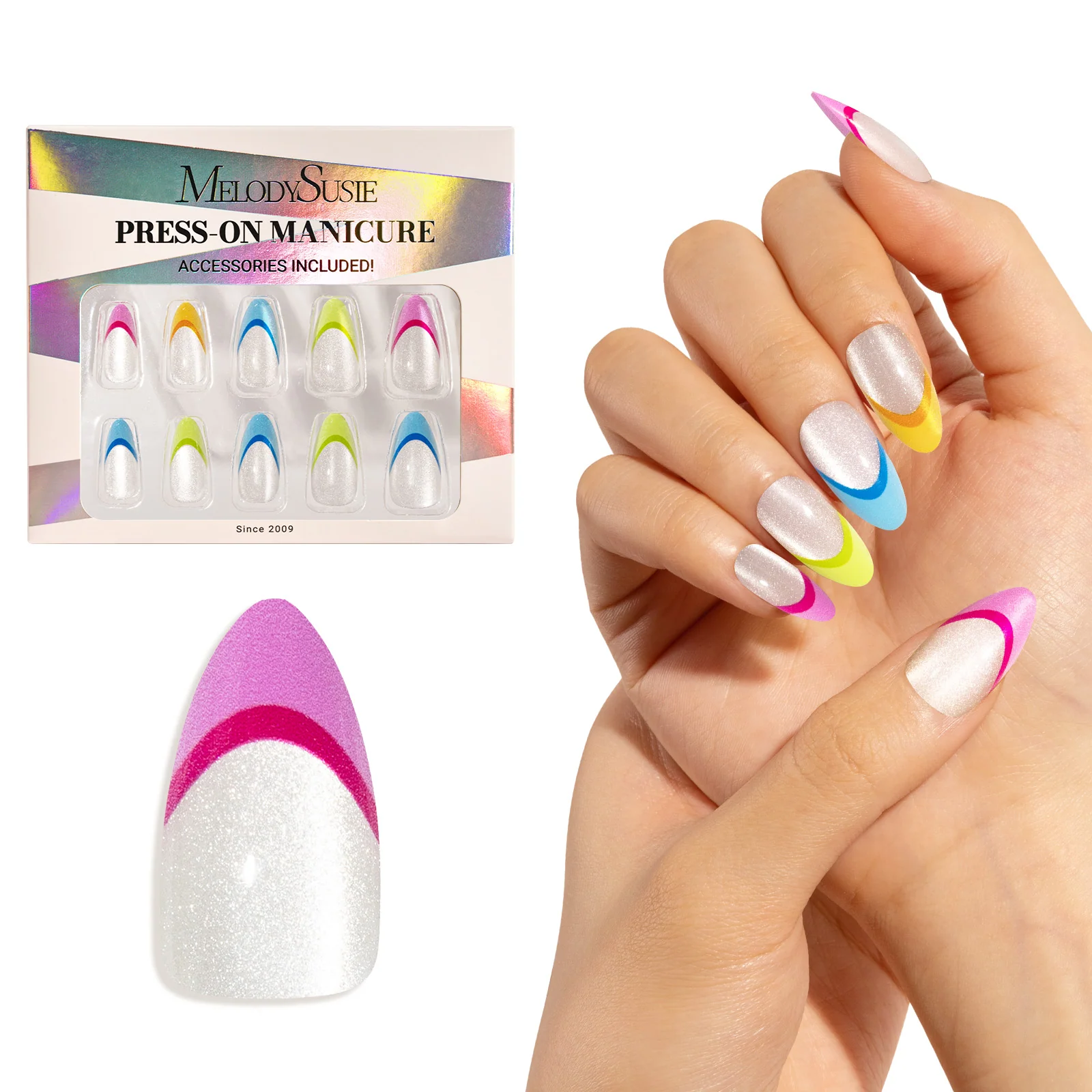 Rainbow Cat Eye Press On Nails Kit with 30 Nails in 15 Sizes