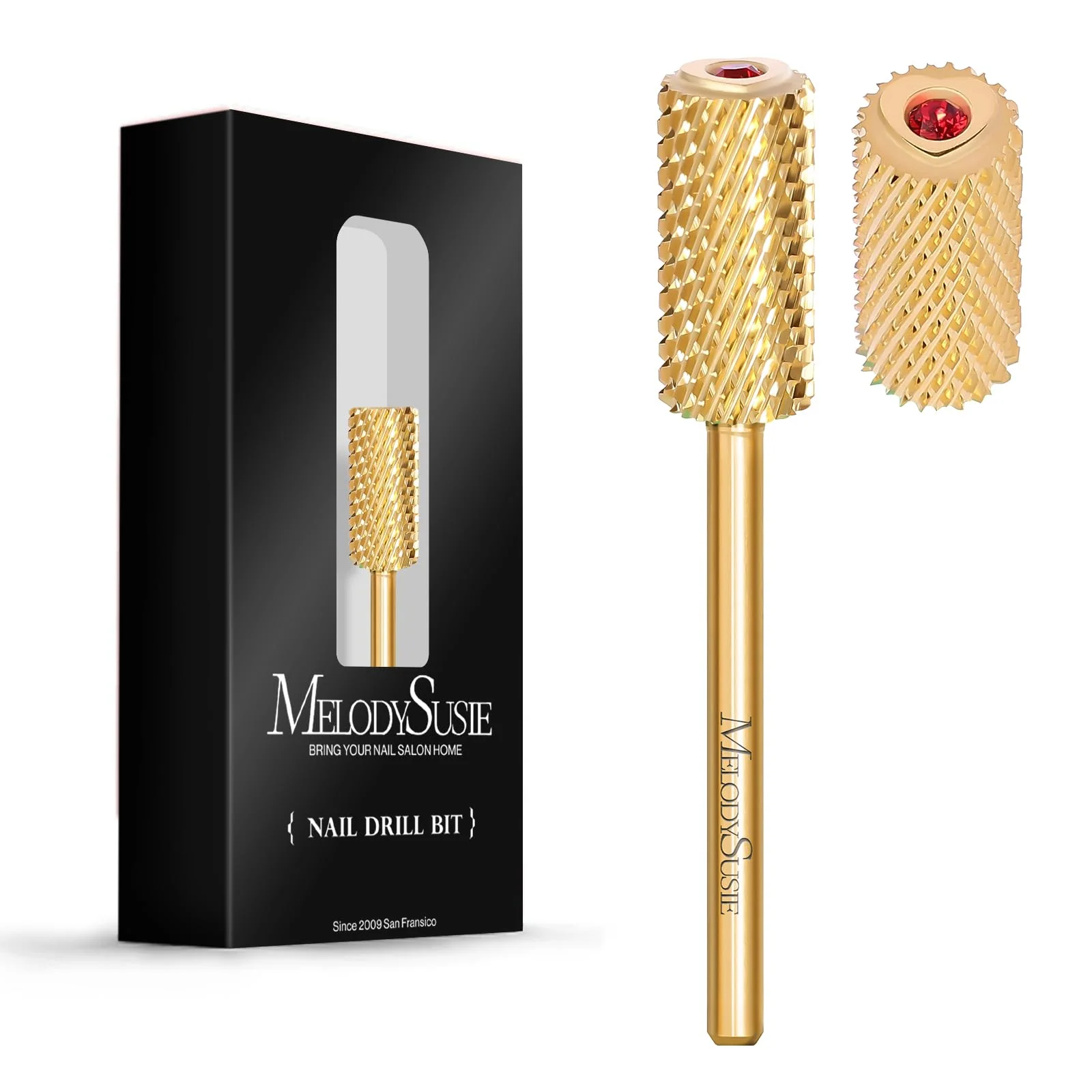 Crystal Top Red Heart Shape Large Barrel Carbide Nail Drill Bit in Gold