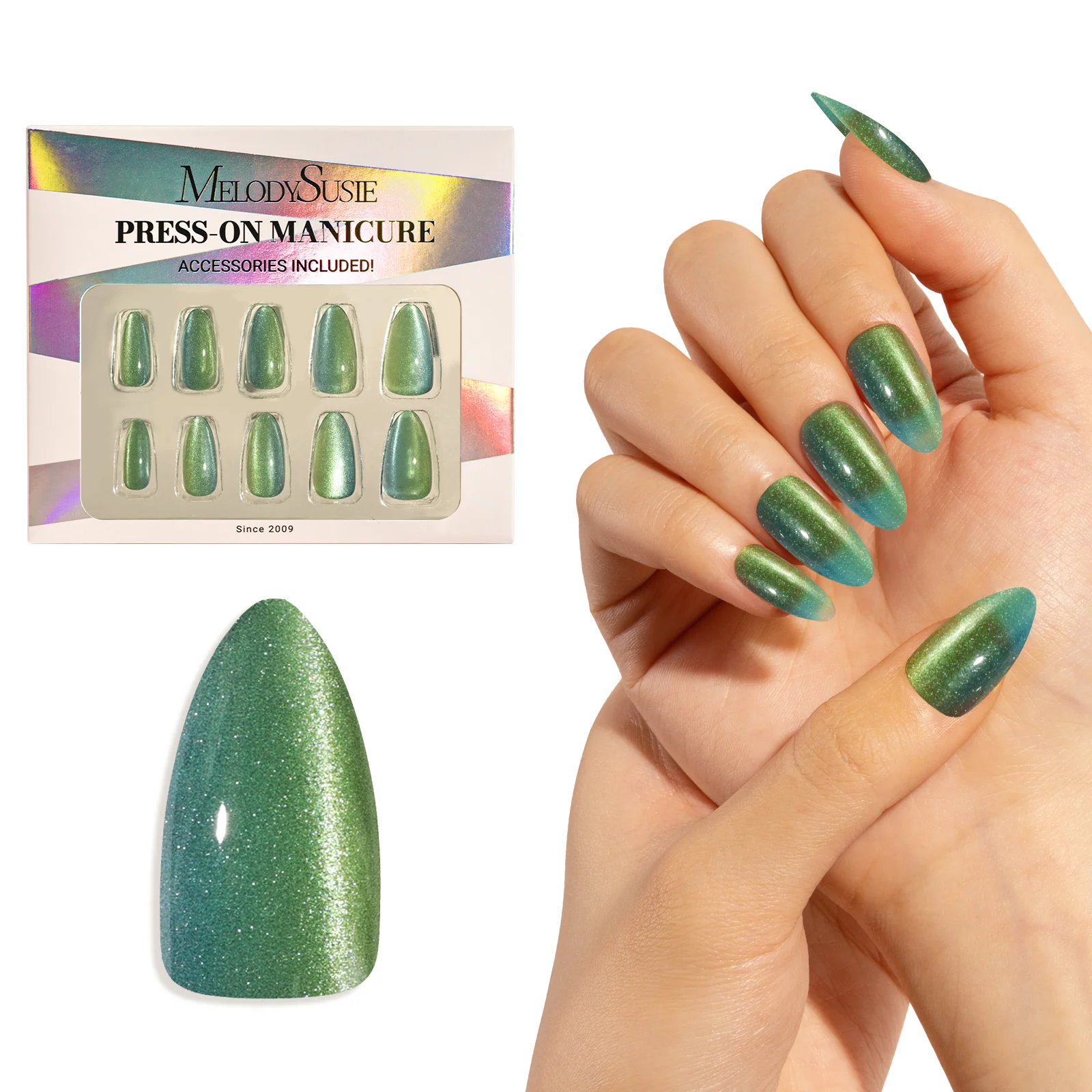 Deep Green Cat Eye Press On Nails Kit with Salon Shine
